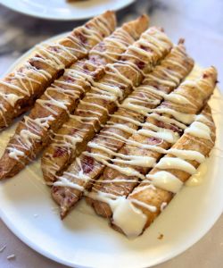 raspberry white chocolate biscotti with chocolate drizzle