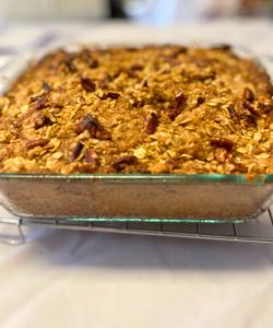 baked pumpkin coffee cake with maple pecan crumble