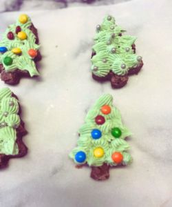 decorated Christmas tree shaped brownies