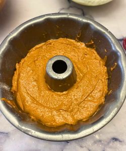 pour first half batter into pan easy pumpkin spice cake