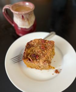 pumpkin coffee cake with maple pecan crumble