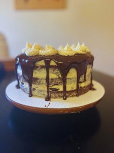 chocolate layer cake with Bailey's flavored frosting