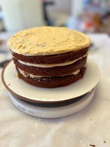 third layer of chocolate cake with Bailey's flavored frosting