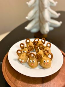 finished reindeer shaped caramel Oreo balls on a plate