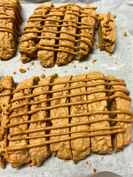 dairy-free cookie butter biscotti with drizzle