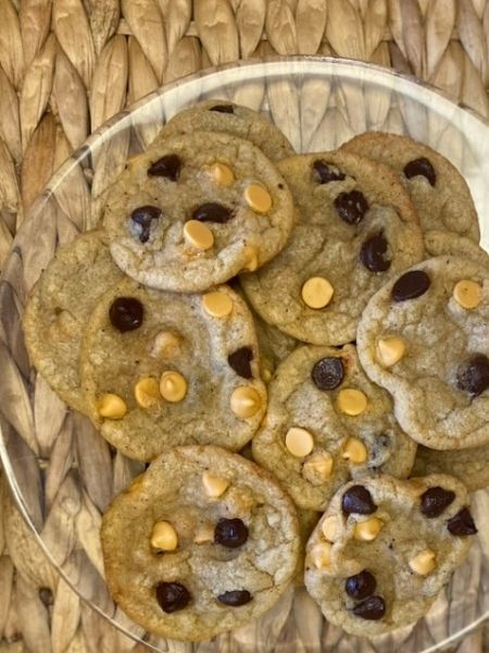 browned butter chocolate chip butterscotch cookies on tray