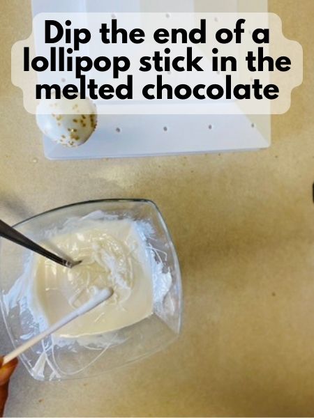 dip lollipop stick in melted chocolate