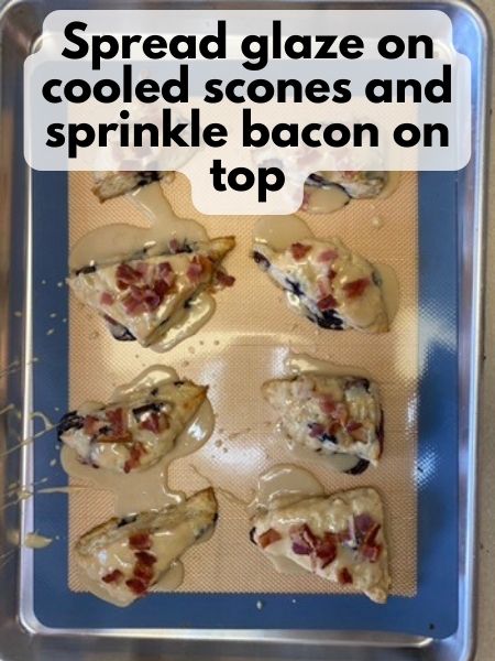 spread glaze on top of scones and sprinkle bacon on top