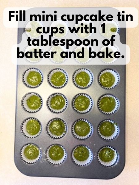 spoon mini matcha cupcake batter into prepared pan and bake