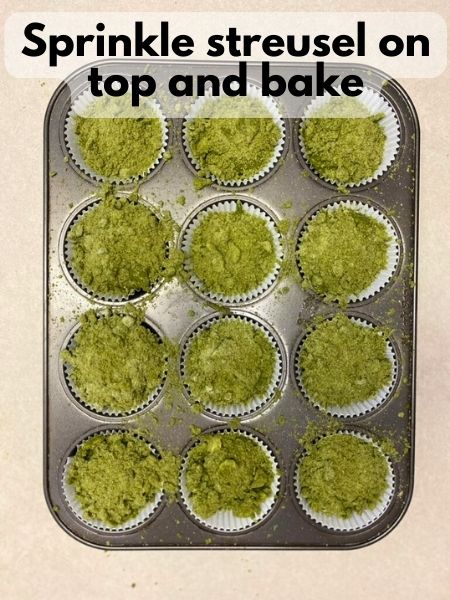 sprinkle matcha streusel on top of muffins