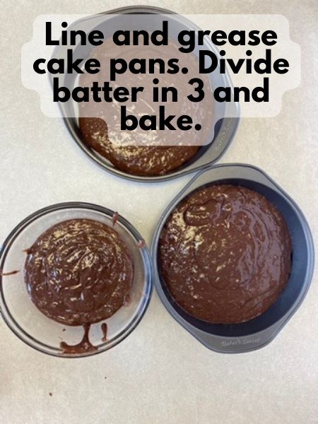 divide cake batter between 3 pans