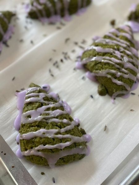 dairy-free matcha scones with lavender glaze