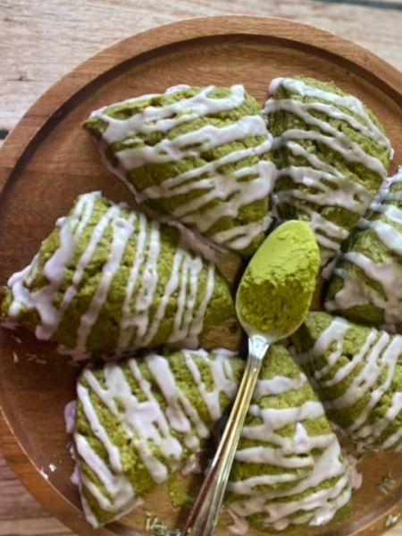 dairy-free matcha scones with lavender glaze