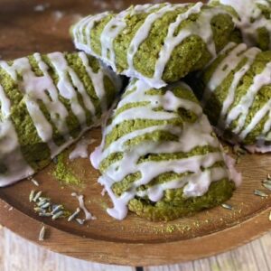 dairy-free matcha scones with lavender glaze