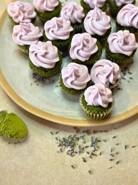 mini matcha cupcakes with lavender frosting