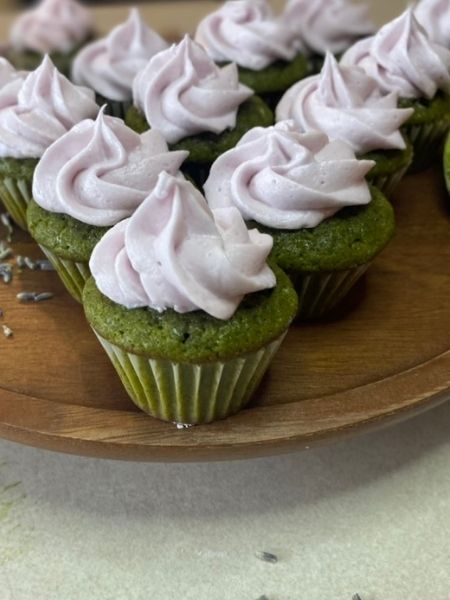 mini matcha cupcakes with lavender frosting