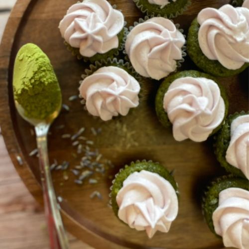 mini matcha cupcakes with lavender frosting