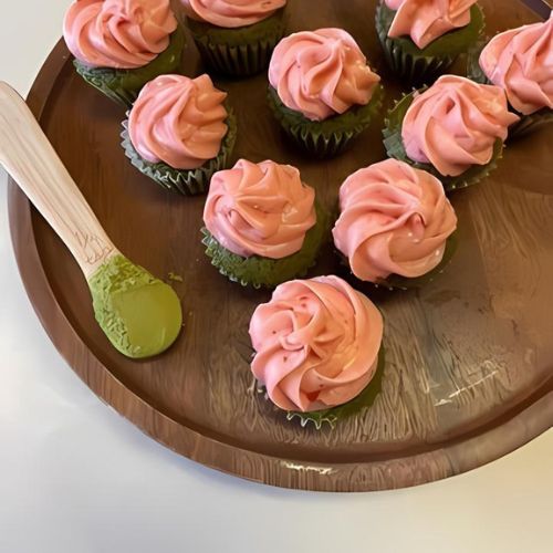 mini matcha cupcakes strawberry frosting