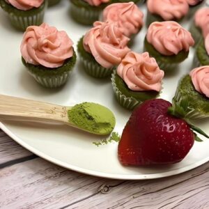 mini matcha cupcakes strawberry frosting