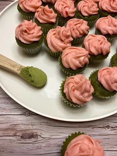 matcha cupcake with strawberry frosting