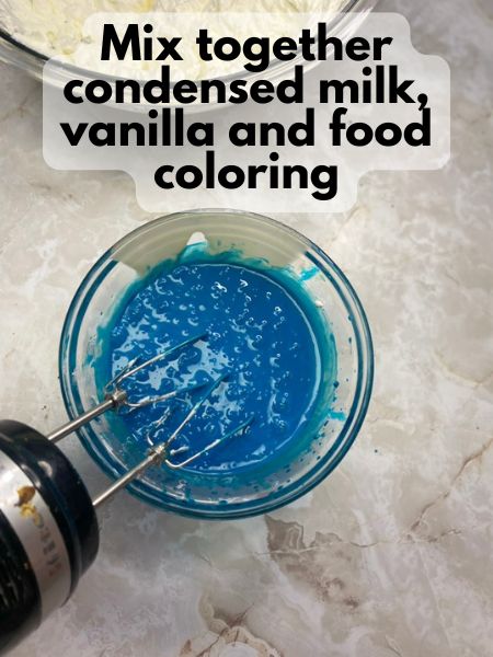 mix condensed milk, vanilla and blue food coloring