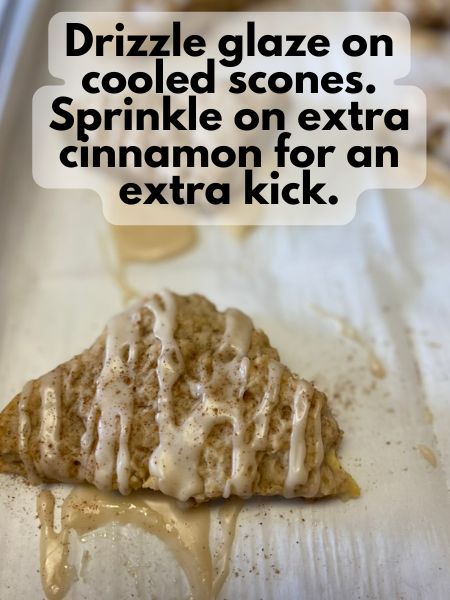 drizzle glaze on cooled, baked scones and then sprinkle with extra cinnamon