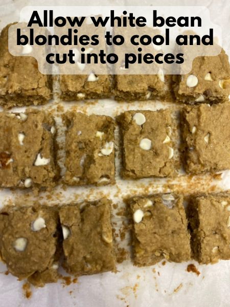 slice baked white bean blondies into squares