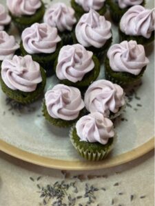 mini matcha cupcakes with lavender frosting