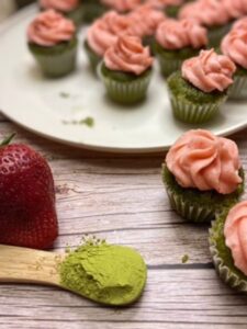 mini matcha cupcakes with strawberry frosting