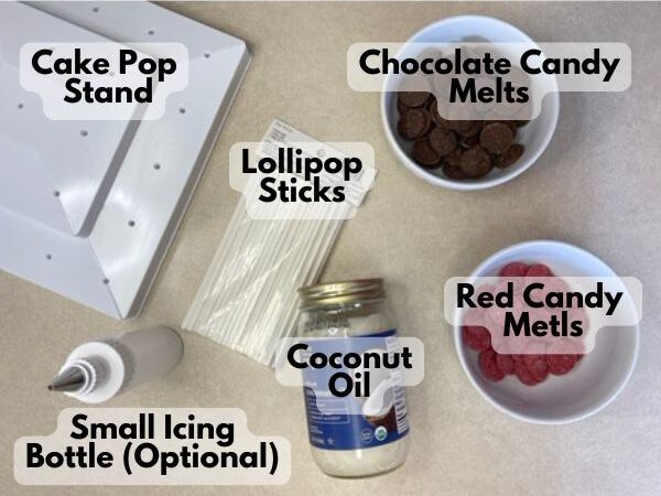 red velvet cake pops decorating ingredients and tools