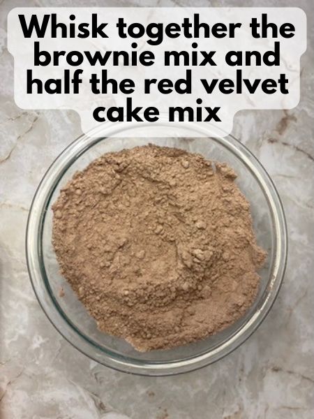 whisk together half of the red velvet cake mix and brownie mix