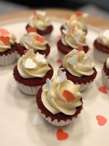 mini red velvet Valentine's Day cupcakes