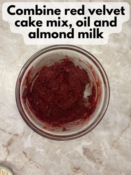 mix together red velvet cake mix, oil and almond milk