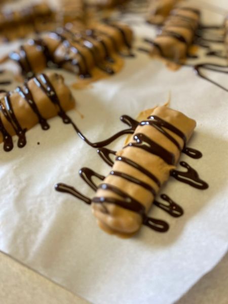 brownie fries with a salted caramel coating and a chocolate drizzle