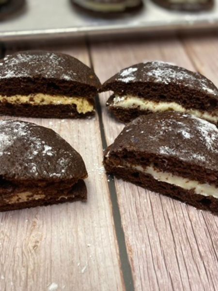 chocolate whoopie pies with peanut butter filling and vanilla filling