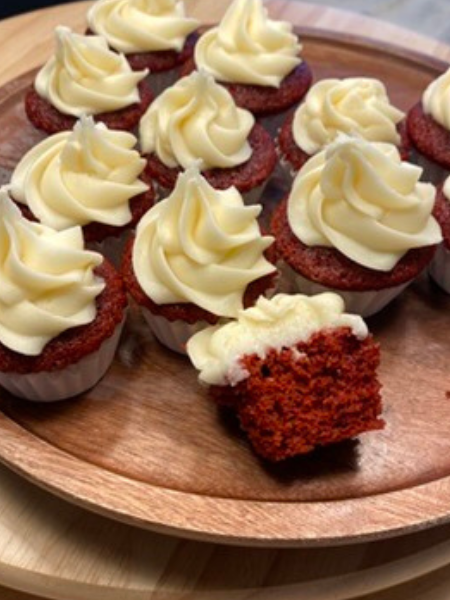 mini red velvet cupcakes with cream cheese frosting