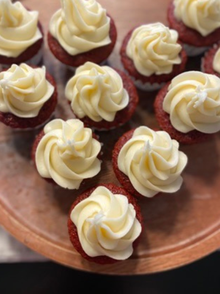 mini red velvet cupcakes with cream cheese frosting