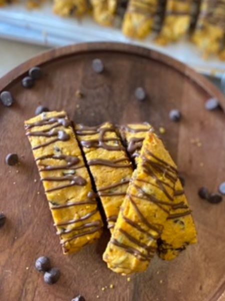 pumpkin chocolate chip biscotti on a plate