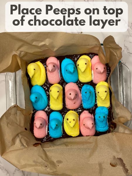 Peeps layered on top of chocolate and graham crackers