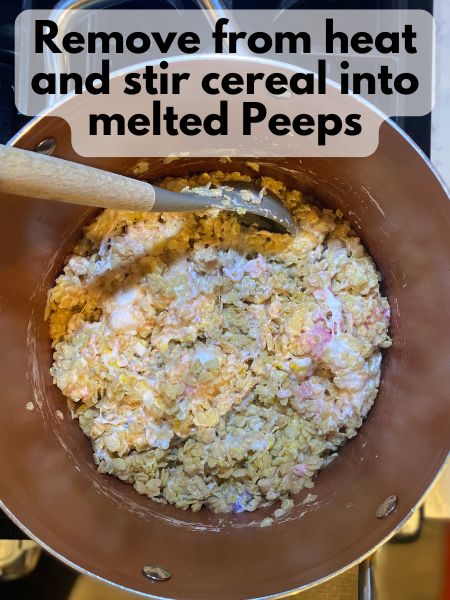 stir melted Peeps and rice krispies