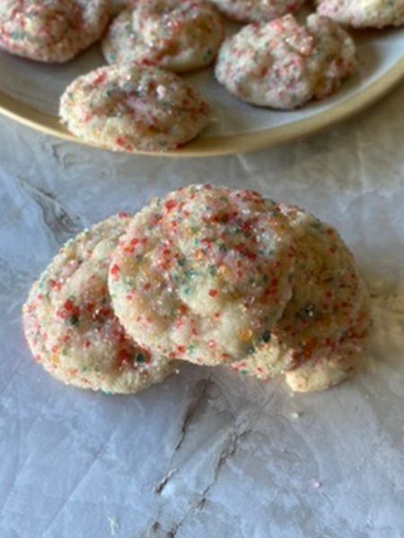 vegan cake mix cookies decorated with pastel colored sprinkles