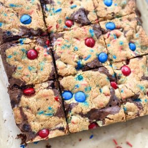 4th of July brookies sliced into bars on parchment paper