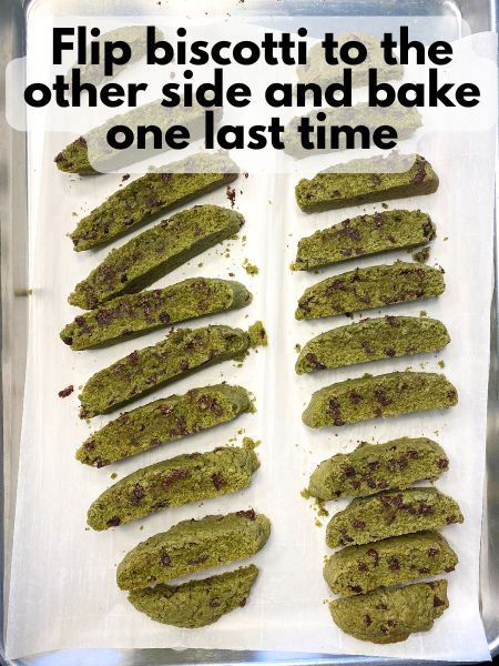 matcha biscotti turned on side for third bake