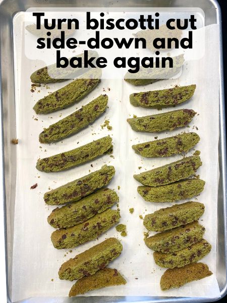 matcha biscotti turned over for second bake