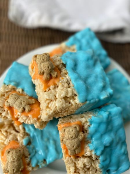 pool party rice krispie treats on a plate