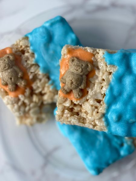 pool party rice krispie treats stacked on top of one another