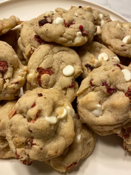 cookies with white chocolate chips and freeze dried strawberries