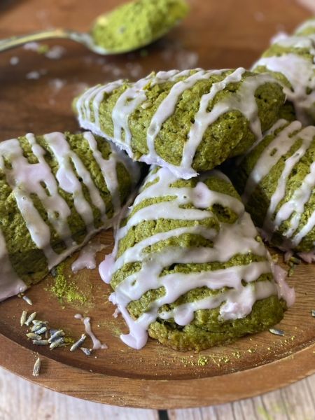 matcha scones with lavender glaze