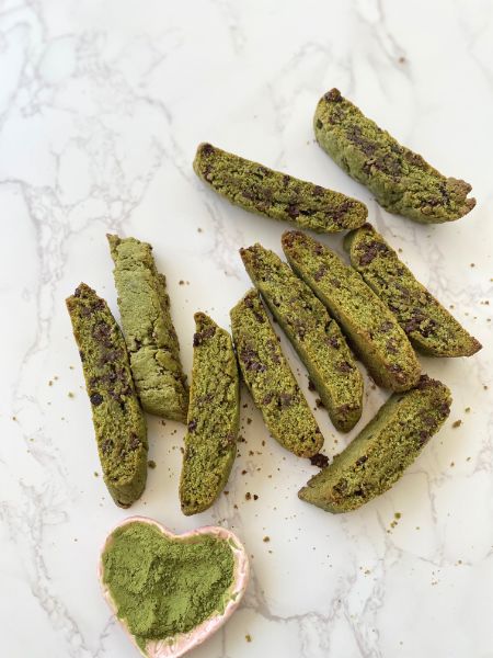 matcha biscotti sitting on a counter
