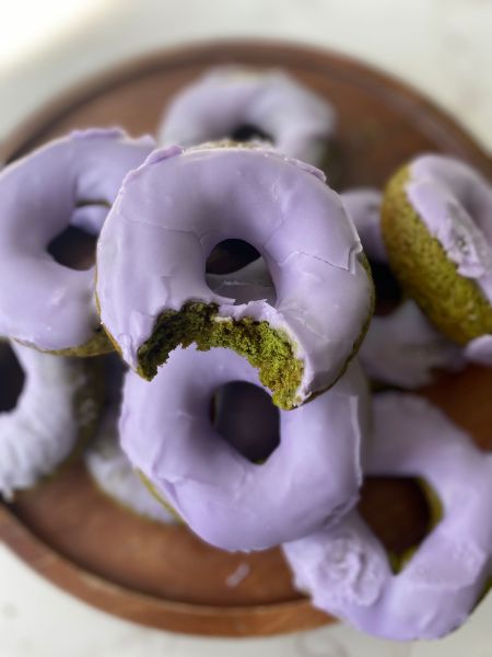 matcha donuts with purple lavender glaze